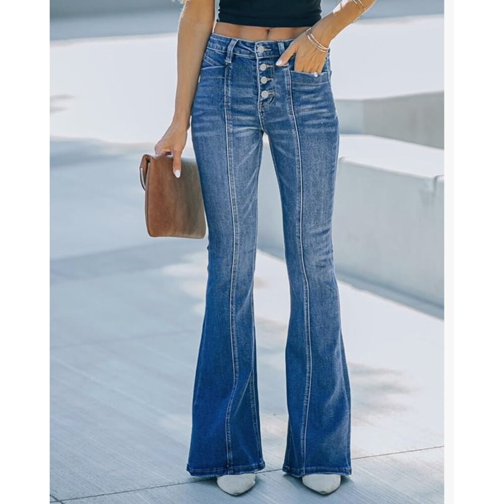 Medium Blue Flare Bell Bottom Jeans Wide Leg‎ Button High Waist Bootcut Jeans